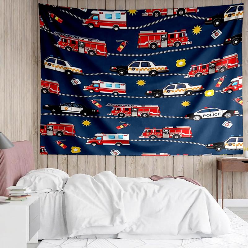 fire-truck Print Tapestry, Backdrop, Easy Setup, Ideal for Bedroom, Office & Living Room, with Aesthetic Wall Hanging Decor.