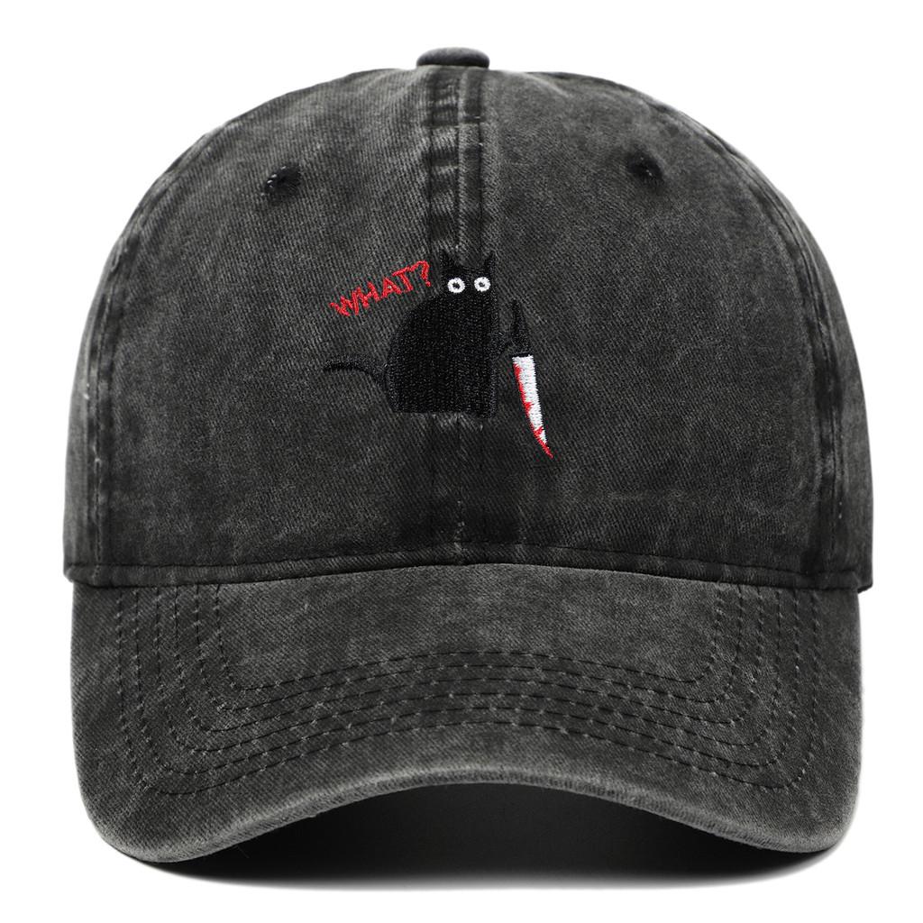 

Embroidered Black Cat Baseball Cap With Water Wash Finish For Outdoor Casual Wear Black