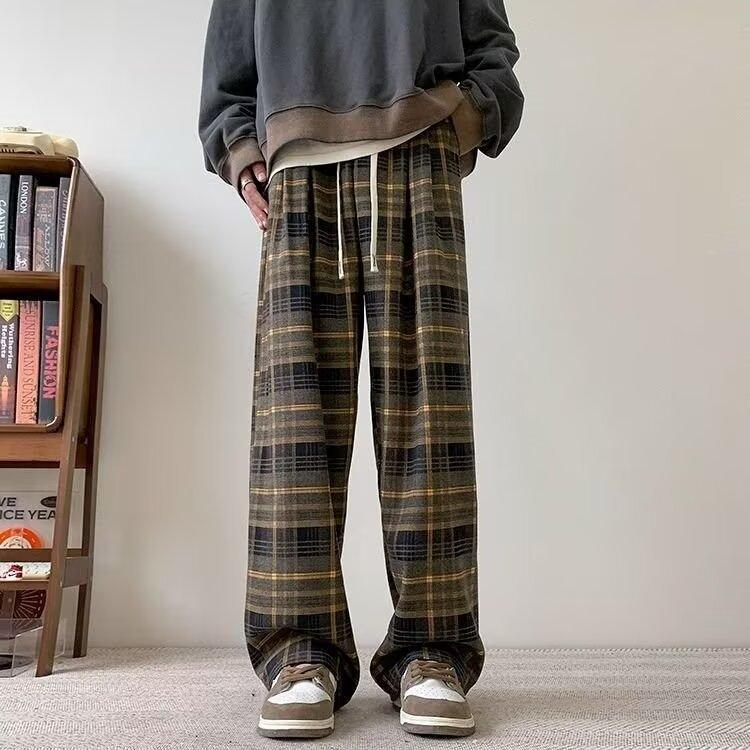 Retro Plaid Casual Pants Men's Spring and Autumn New Drape Wide-leg Cityboy Trendy Sports Straight Pants