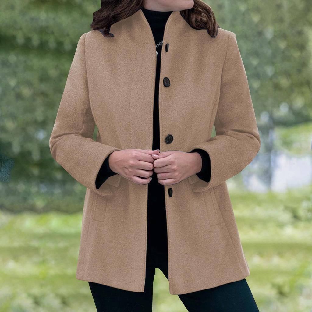 Manteau d'hiver en laine à manches longues pour femme, coupe décontractée, coupe ajustée, revers, fausse poche, cardigan à boutons