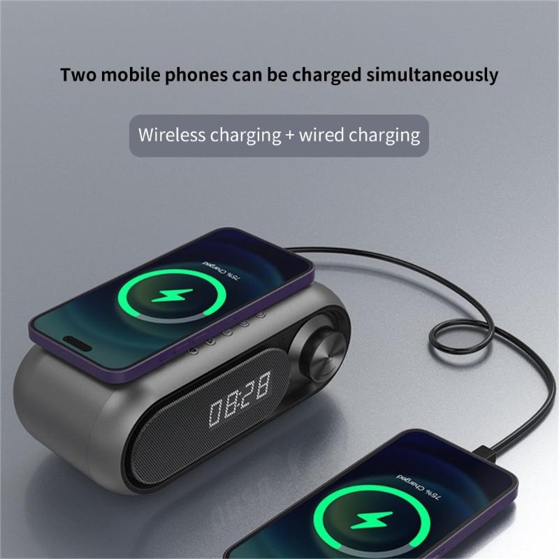 Portable Bluetooth-compatible Loudspeaker with Clock LED Time Display 15W Wireless Charging Multifunctional Digital Clock