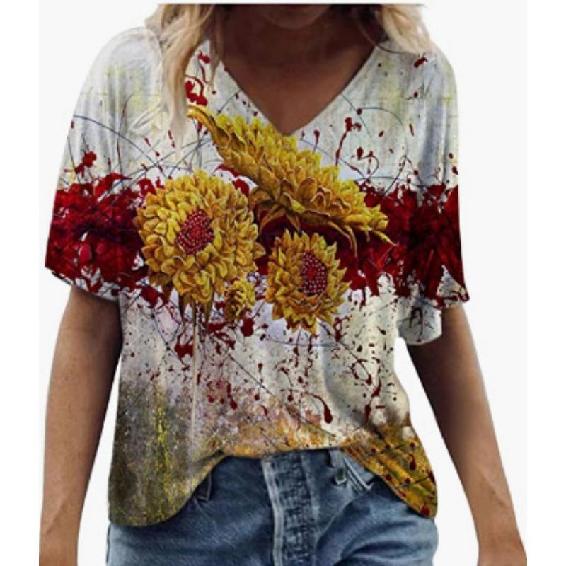 Summer V-neck 3D Feather Flower Printed Top Fashionable Casual Short Sleeved Women's T-shirts