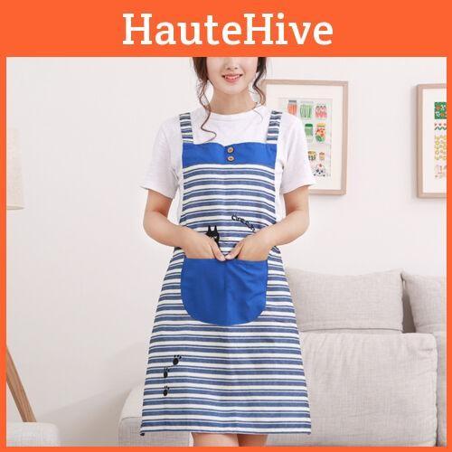 Home Cute New Womens Kitchen Restaurant Bib Cooking Aprons Pockets Apron Striped