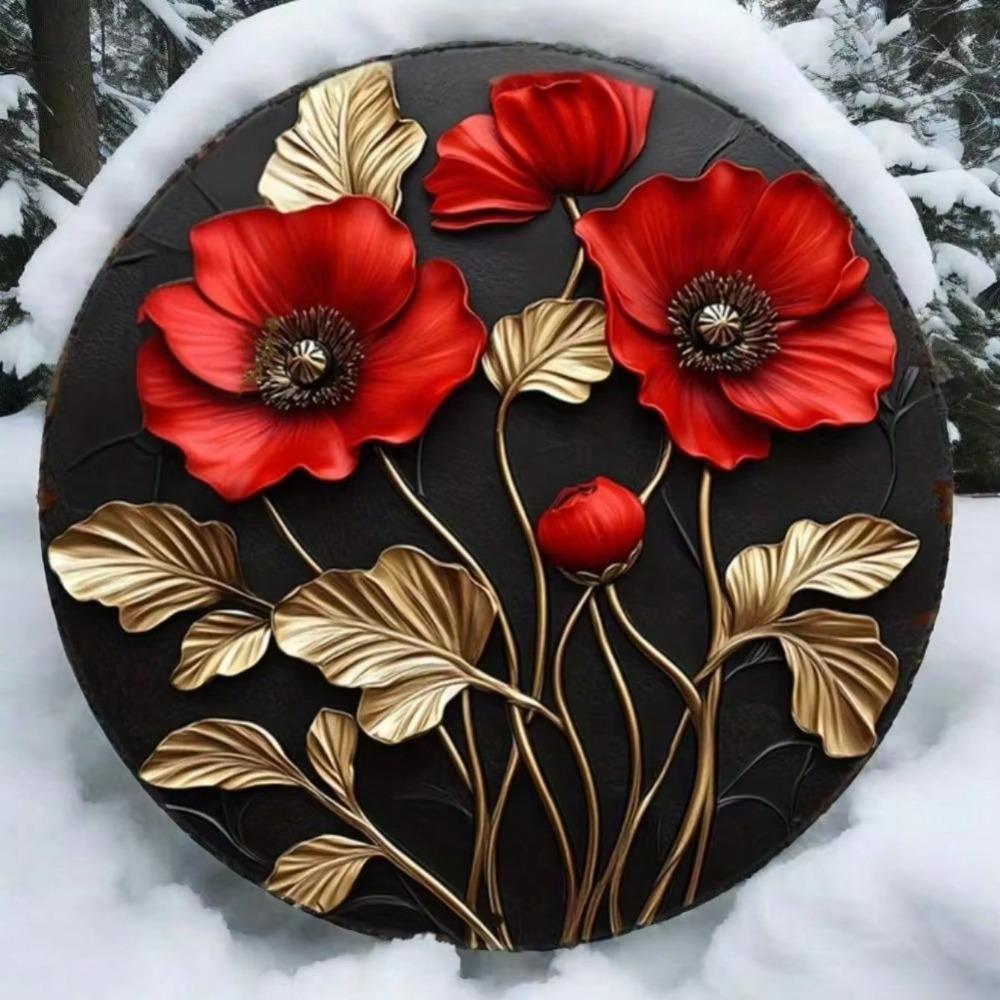 Metal Wall Art Red Poppy Vintage Round Print Kitchen Office Cafe Decor