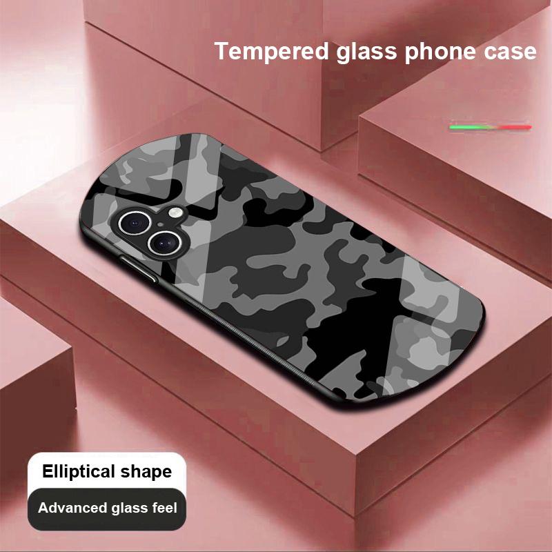 Camouflage Blue For Apple IPhone 16 11 13 15 14 Pro Max 12 Mini 7 8 Plus XR X XS Elliptical Shaped Tempered Glass Phone Case