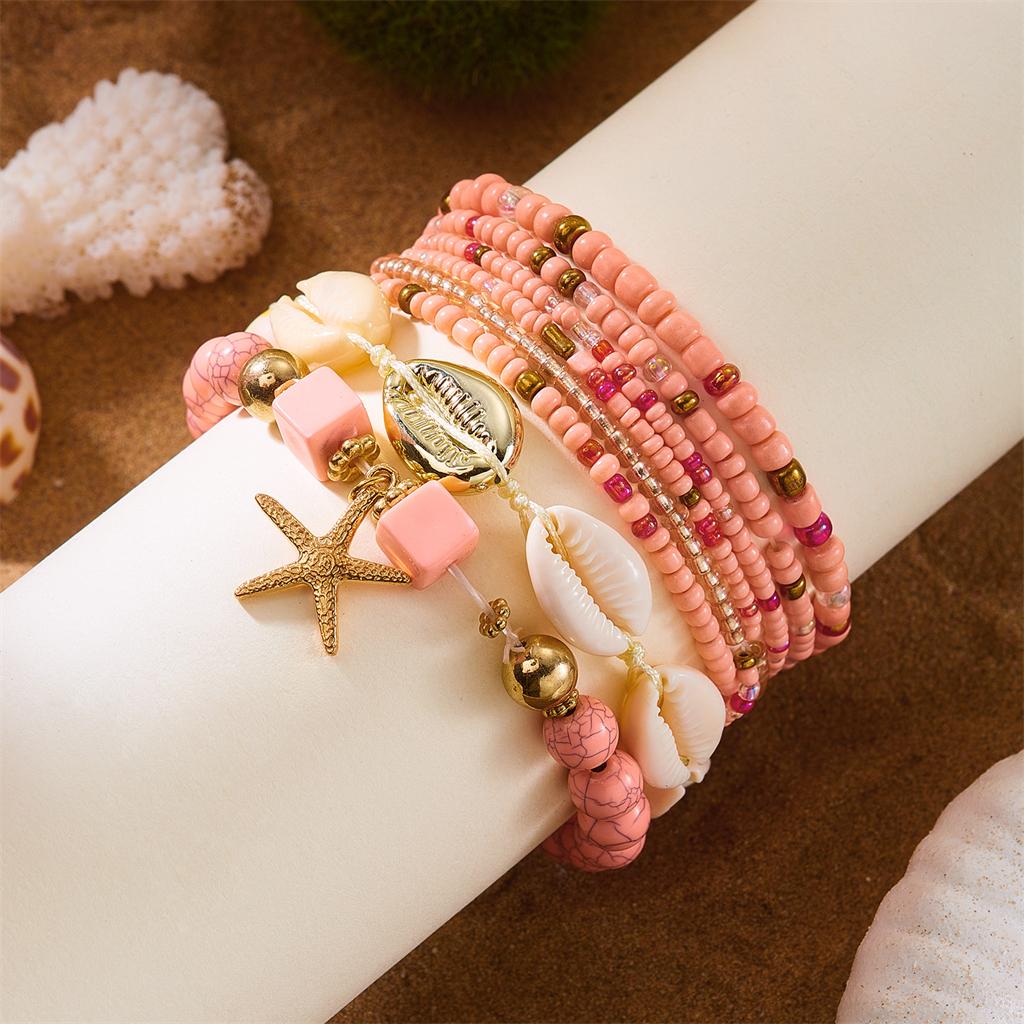 Bohemian Multilayer Shell Starfish Bracelets for Women Summer Beach Elastic Beaded Anklet Bracelet Set Vacation Jewelry Gift