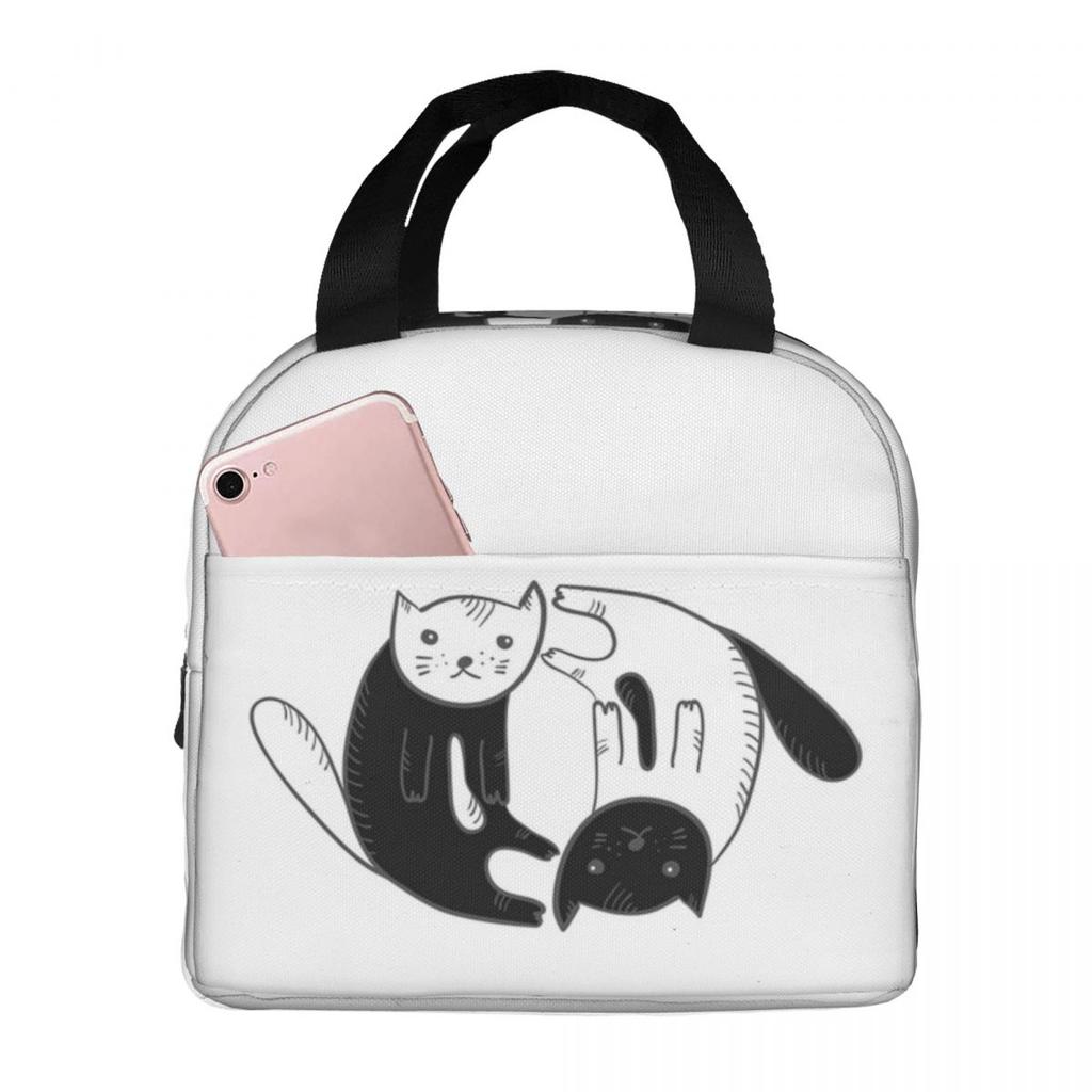 Cartoon Black White Cat Print Insulated Lunch Bag for Women Office Cooler Thermal Food Box Tote Leakproof Lunch Boxes Container