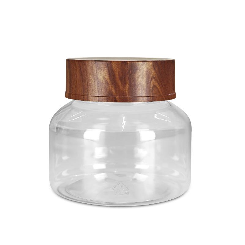 PET Plastic Storage Jar with Imitation Wood Grain Lid, High Transparency, Food Grade for Medicine, Herbs, Tea, Flowers, Grains, and Nuts.