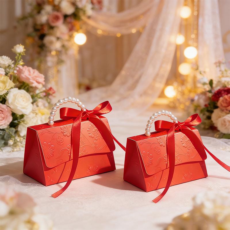 1PC Candy Box Bridal Showers Gift Boxes Giveaways With Pearl Handle Festive Easy to fold Parties Solid Color Elegant Weddings
