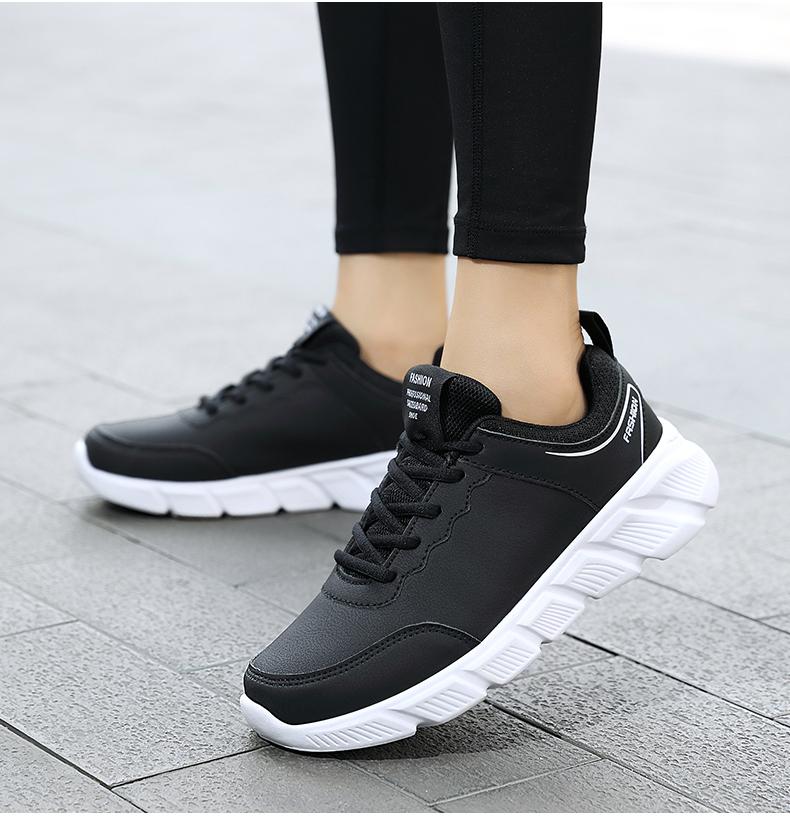 Women Running Shoes PU Leather Lace-up Men Warm Light Walking Sneaker Fitness Sport Flats Comfortable Black Size 35-45 Loafers