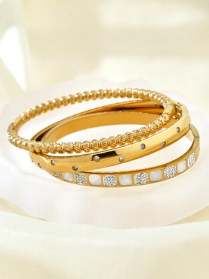 Bracciale Geometrico Semplice in Acciaio Inossidabile Placcato Oro 18K, con Perline e Zirconia Incastonata, Gioiello da Polso da Donna