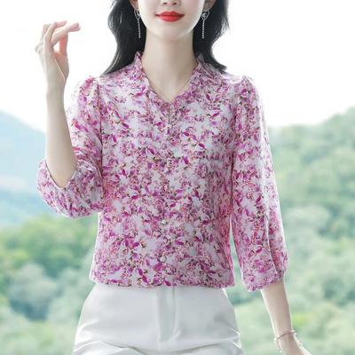 Women's Spring and Summer Seven-minute Sleeve Floral Shirt Ladies Elegant Chiffon Shirt