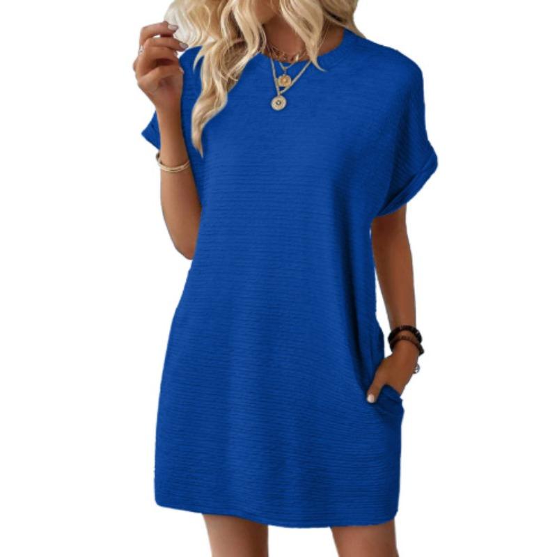 JKASHDK Women's Fashion Summer Spring Solid Color Print Short Sleeve O-Neck Loose Waistlinet Casual Dresses