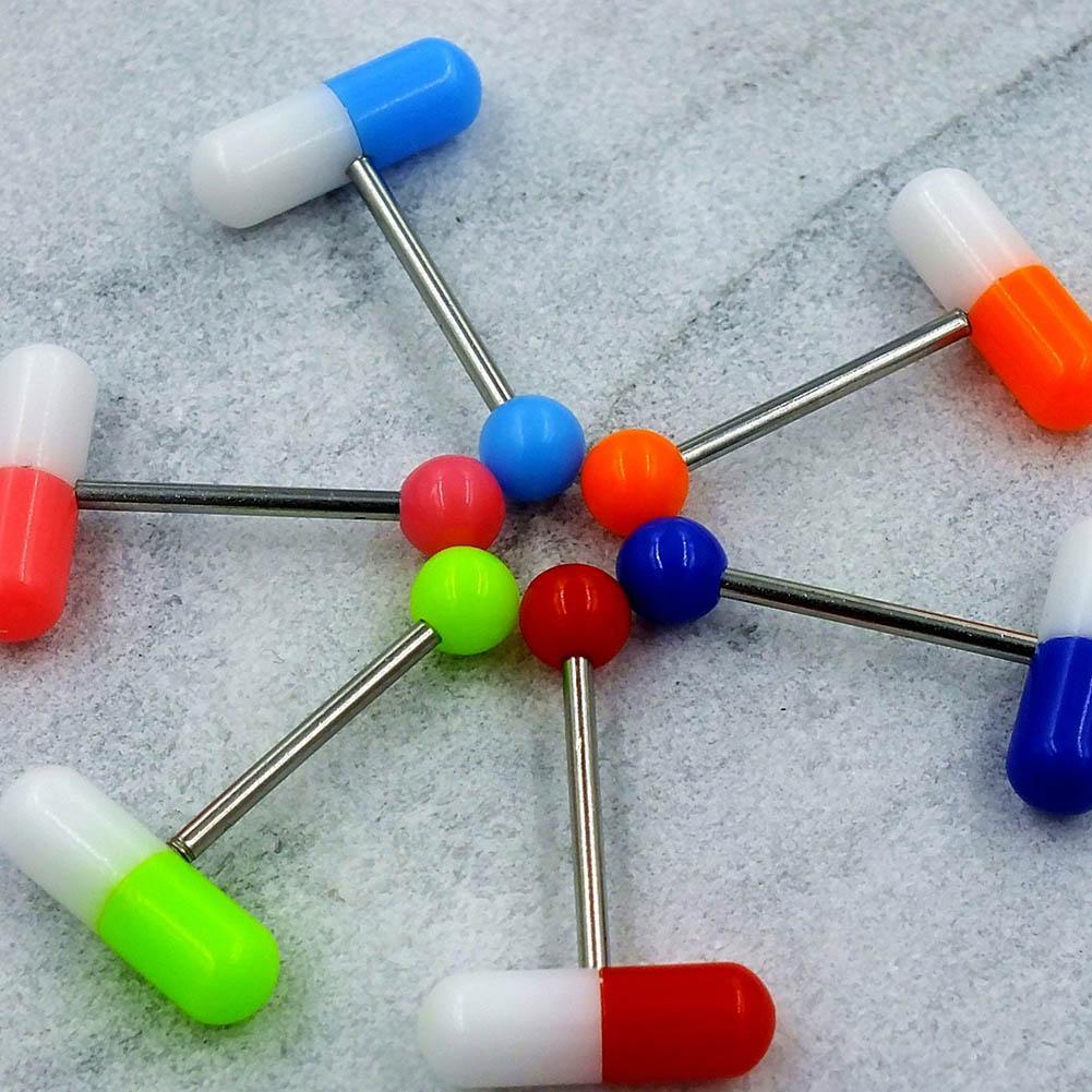 10pcs/lot Colorful Capsule Tongue Rings Acrylic Pill Style Steel Punk Body Piercing Jewelry Hypoallergenic Anti-Rust Comfortable