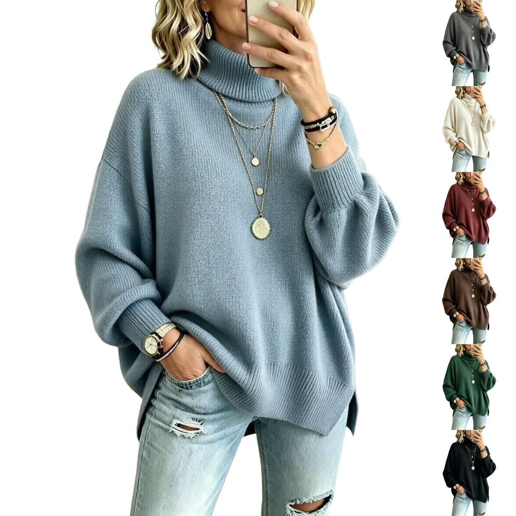 Women's Color Turtleneck Long Sleeve Knit Pullover Sweater with Side Slits