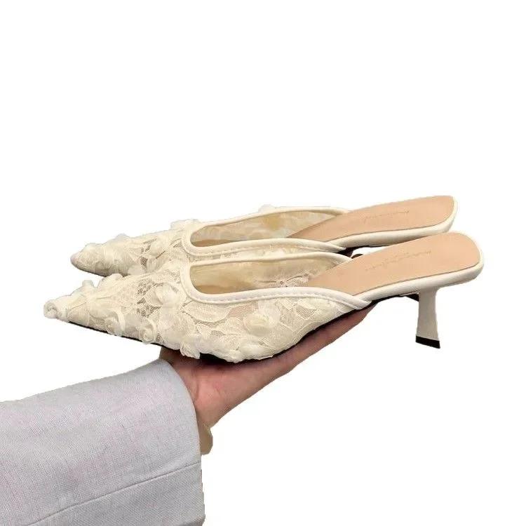 Fashion Embroidery Woman's Cotton Fabric Mules Slippers Luxury Fashion Elegant Pointed Toe Slides Shoes Ladies Dress Flats Sandalias