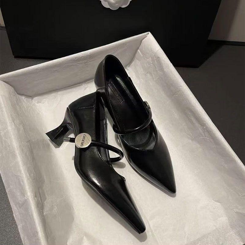 Pointed-toe High-heeled Women's Thick-soled Anti-slip New Soft Leather Mid-heeled Shoes