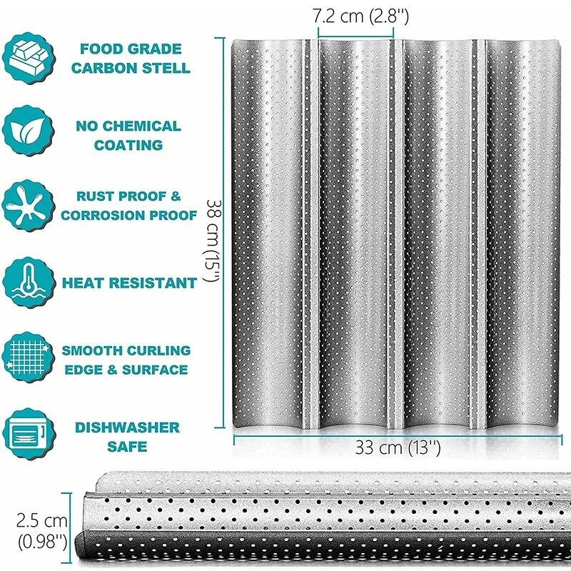 Nonstick Perforated French Bread Baking Pan Carbon Steel Baguette Pan French Bread 4 Wave Loaves Loaf Bake Mold Cooking Tray