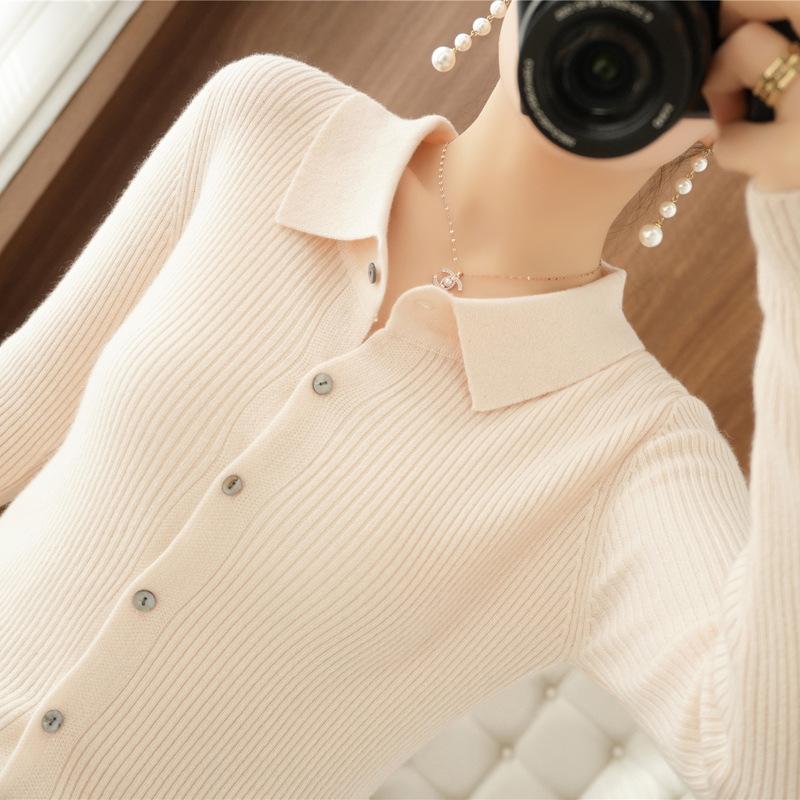 New Shirt Women's Long Sleeve Knitted Cardigan Jacket Slim-fit Large Size PO Neck Sweater Solid Color Button Top