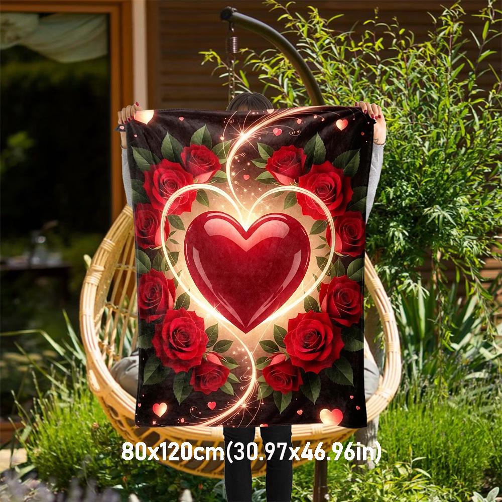 

1pc heart roses Outdoor Flannel Blanket Soft Warm All-Season Throw for Sofa Bed Car Camping Office, Cozy Gift Idea1242S 80x120cm(31x47inch)
