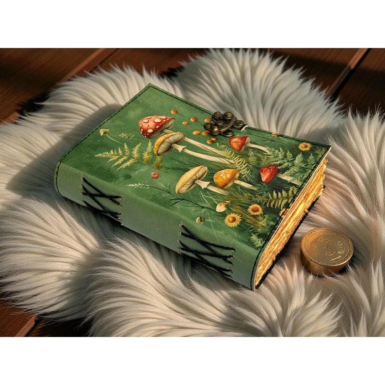 400 Page Large Grimoire Vintage Mushroom leather journal, Handmade Antique Deckle Edge Paper Spell Book of Shadows Journal for gifts