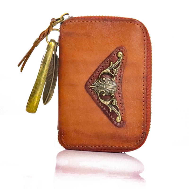 New Top Layer Cowhide Waist Hanging Key Bag for Men, Vintage Vegetable Tanned Leather, Hand Polished and Used Zipper, Home Key Bag