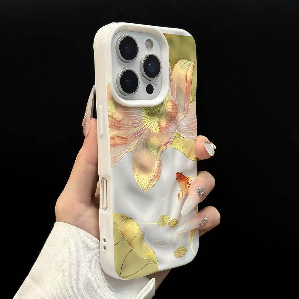 

Luxury Koi and Lotus Lucky Phone Case For iPhone 17 16 15 14 13 12 11 Pro Max 14 Plus 17 Air Wrinkle Wave Soft Silicone Cover iPhone17