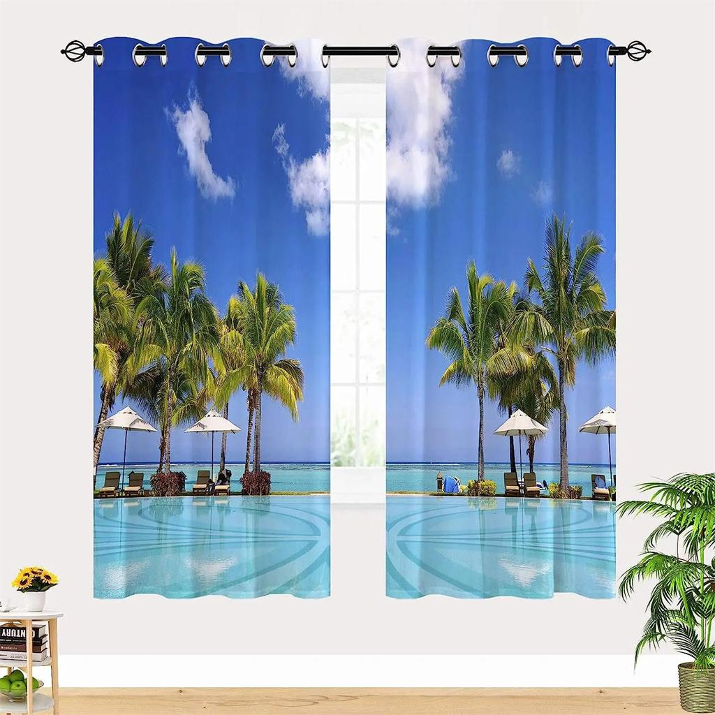 

Летний пляж, морская звезда, море, естественное небо, дерево, вид на окно, занавеска для гостиной, детской спальни, ванной комнаты, кухни, двери, домашний декор, 2 шт. W65X60H(cm)X2Pcs&Grommet Top