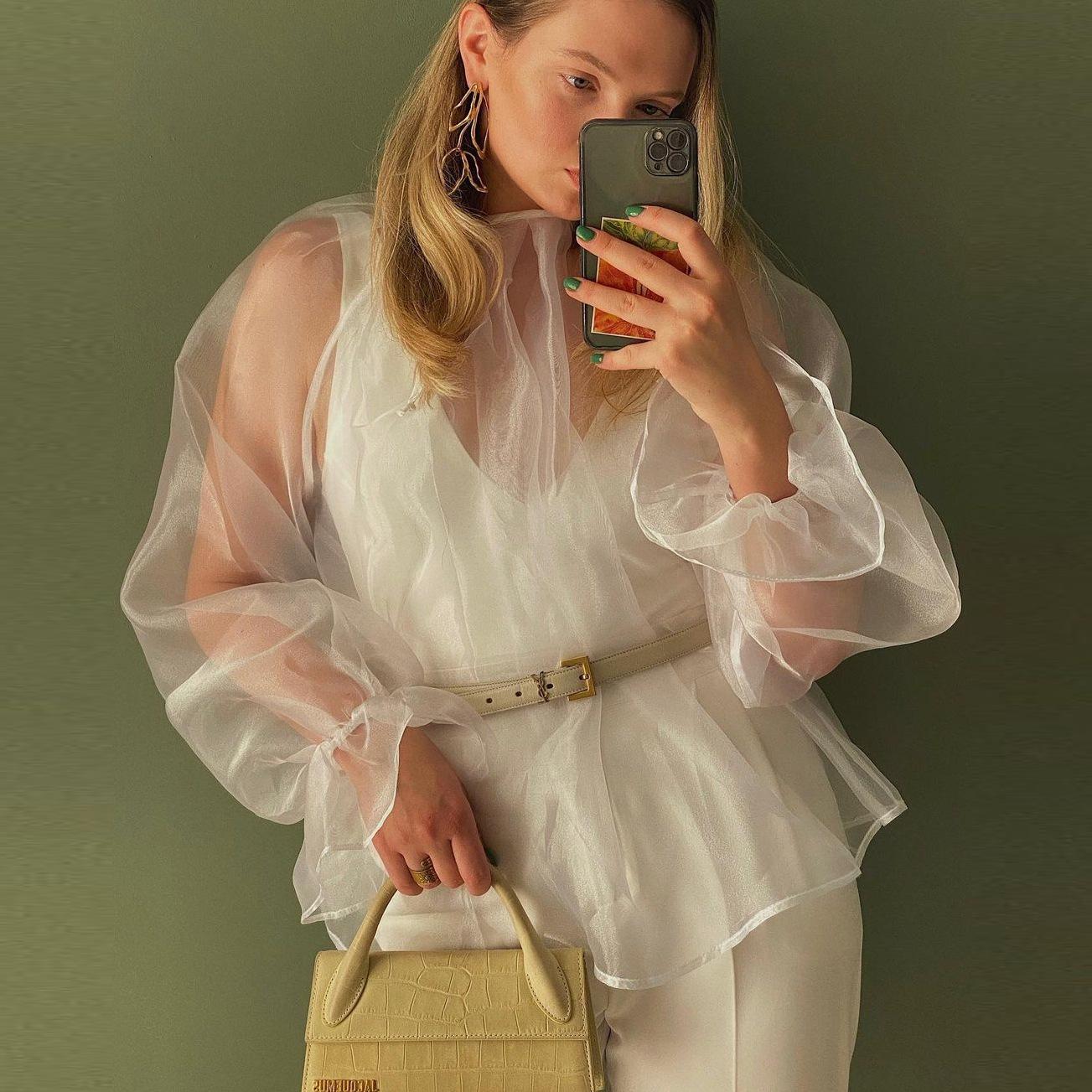 

Прозрачная блузка из органзы, женские вечерние топы с пышными рукавами, летние прозрачные топы, женская свободная блузка на шнуровке для отдыха, отдыха L белый