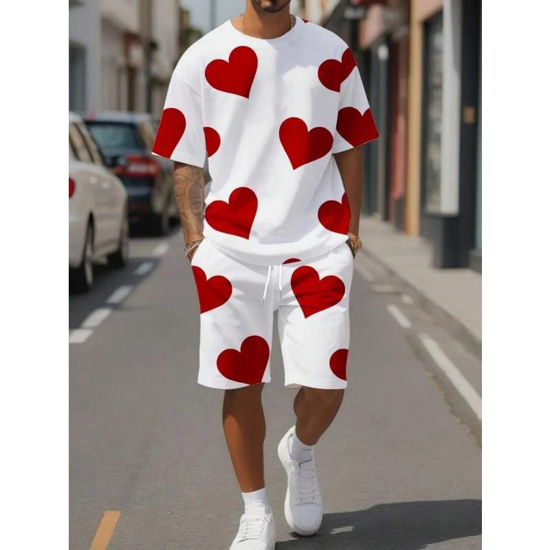 Summer Men's Breathable and Comfortable Round Neck T-shirt Shorts with Printed Pattern Outdoor Casual Two-piece Set