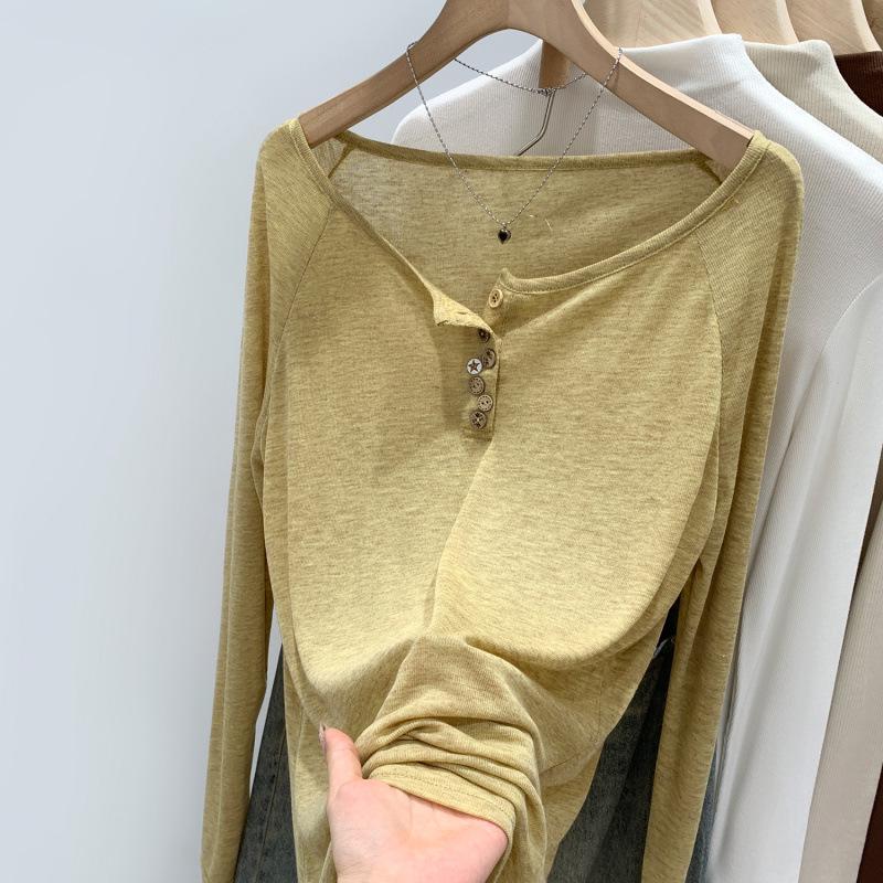 Korean European Lyocell Tencel One-Shoulder Long Sleeve T-Shirt with Buttons Medium жёлтый/хаки