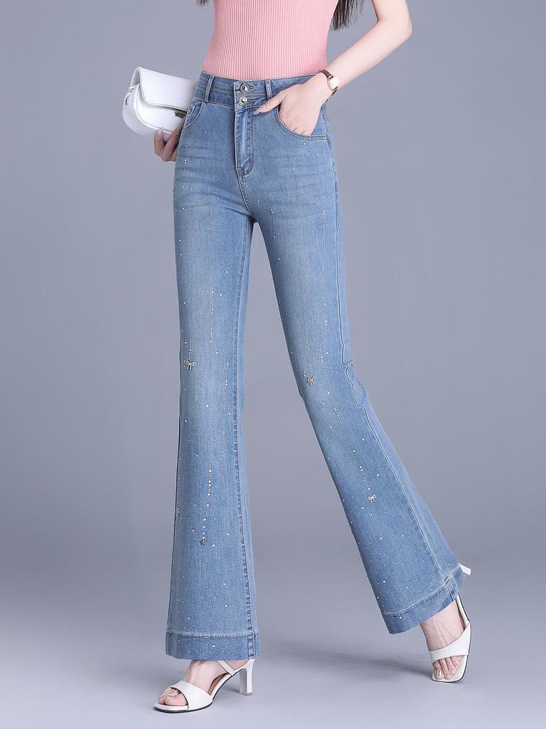 Women's Rhinestone High-Waisted Micro-Flare Stretch Jeans - 2025 Autumn/Winter Style