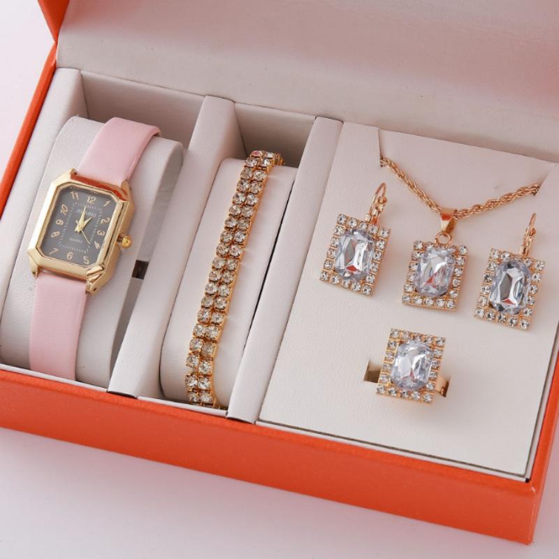 New Casual Fashion Leather Women'S Business Square Quartz Watch Korean Version Of Rhinestone Jewelry Set Watch