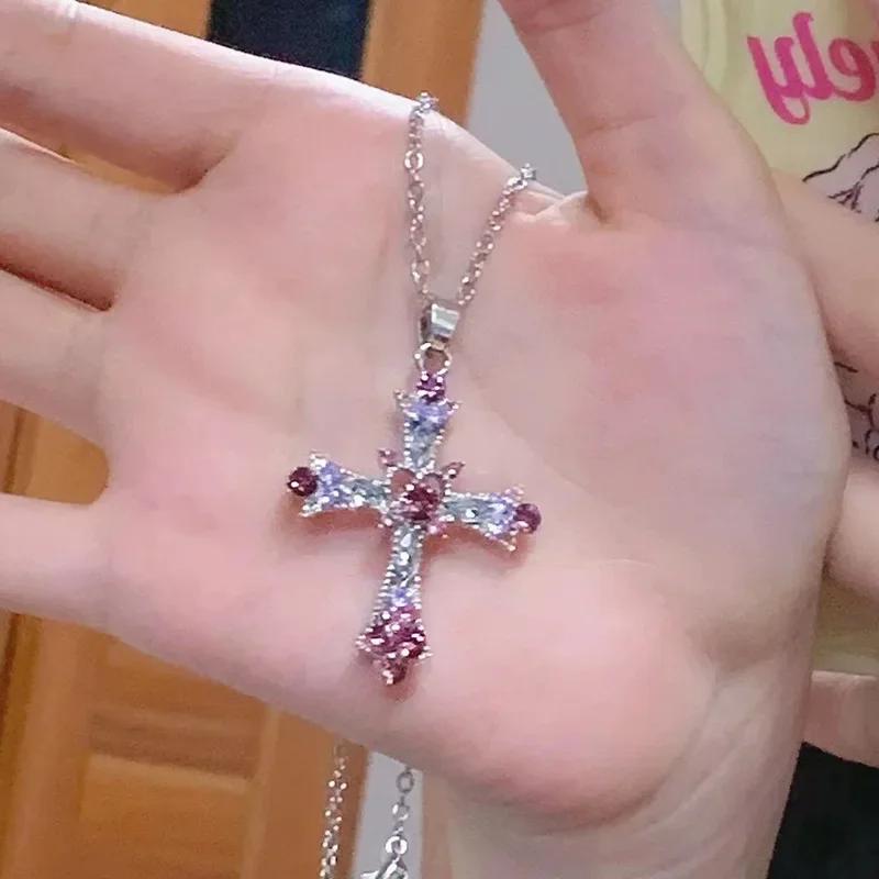 2025 New Y2K Punk Pink Purple Zircon Cross Necklace for Women Rhinestone Pendant Clavicle Chain Charm Party Jewelry Gifts
