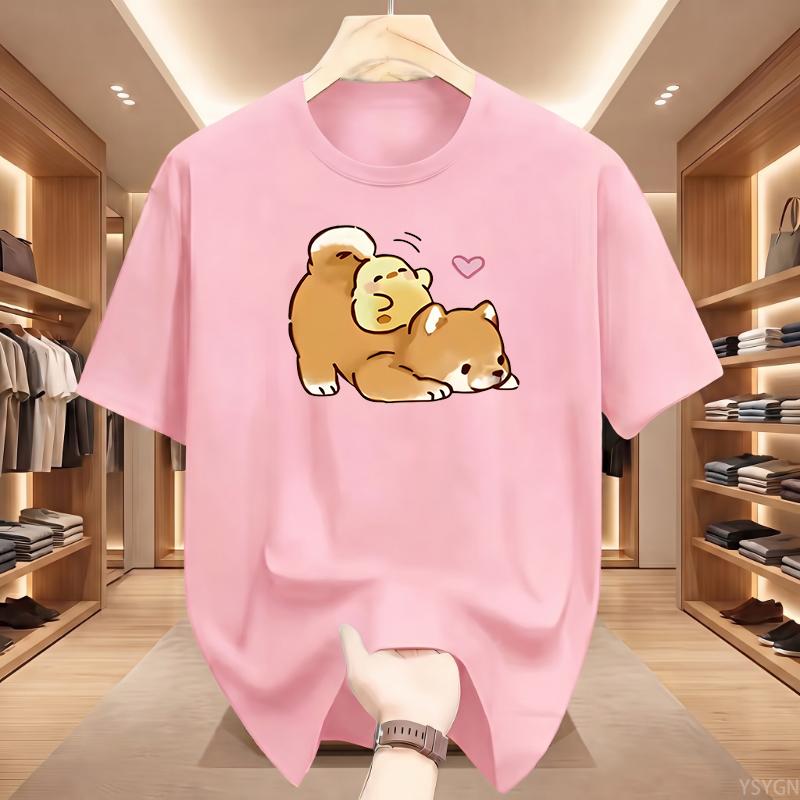 Kawaii Shiba Inu and Chick Graphic T Shirt Cute Cartoon Dog Print Summer Short Sleeve Loose Top Tee for Women