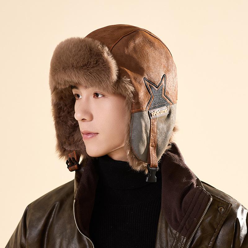 Lei Feng Hat for Men and Women Outdoor Riding Ski Pilot Plus Velvet Thickened Hat Winter PU Leather Anti Cold Ear Protection Hat