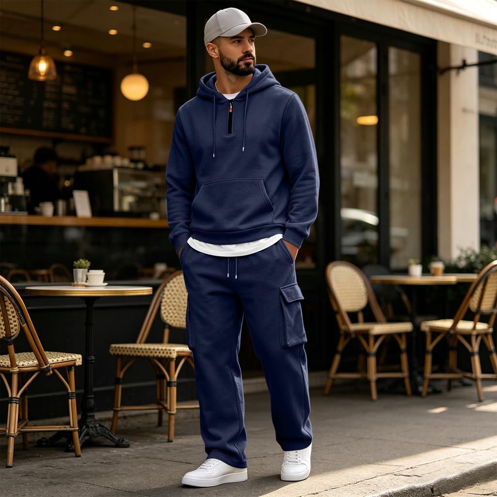 Men's Warm Lined Hooded Sweatshirt and Wide Leg Cargo Pants Set, Relaxed Fit Casual Outdoor Activewear