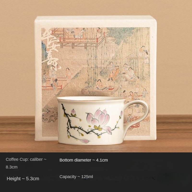 

Расписанный вручную набор кофейной чашки и блюдца «Магнолия», чашка для латте, изысканная керамическая кружка высокого класса для послеобеденного чая See picture