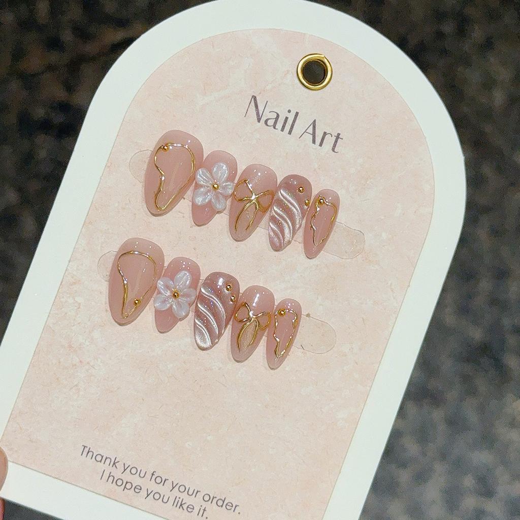 10Pcs Pink Gradient Handmade New Fake Nails Wearable Full Cover 3D Flowers Almond Nail Tips Set Detachable French Acrylic Nails