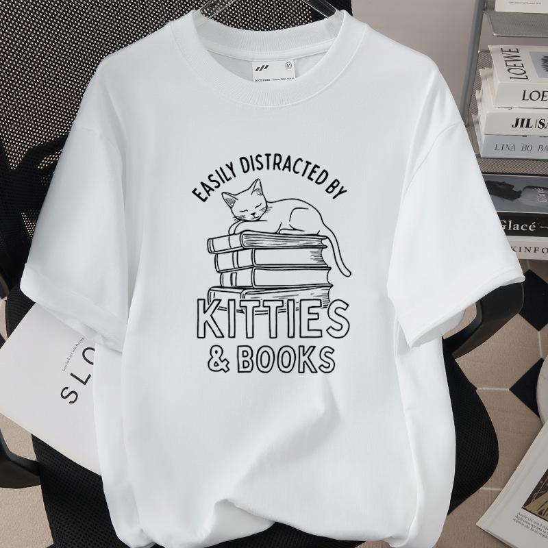 Trendiges Grenzüberschreitendes Katzen-Print-T-Shirt, 260g Reine Baumwolle, Kurzarm, Einfach 1002-45