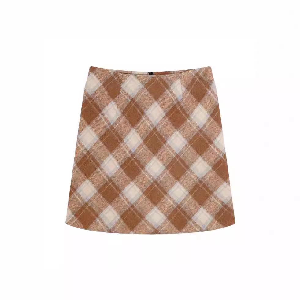

2024 Red Plaid Woolen High Waist A-Line Midi Skirt for Women L