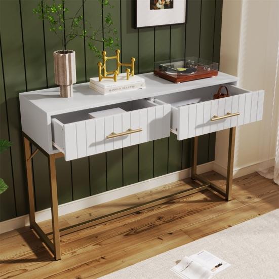 Makeup Desk Dressing Table with 2 Drawers Golden Handle Decorative Ribs Metal Frame Modern White Easy Assembly Bedroom Side Narrow Console Vanity