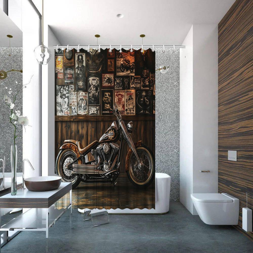

1pc Shower Curtain Vintage Motorcycle Artistic Shower Curtain Chrome -Davidson & Leather Seat On Wooden Floor Backed by Rustic 120x180cm