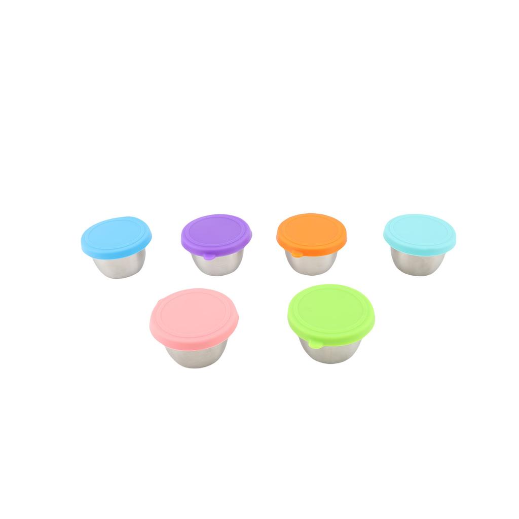 6pcs Salad Dressing Containers 70ml Proof Reusable 304 Stainless Steel Condiment Cups with Silicone Lids for Picnic Barbecue