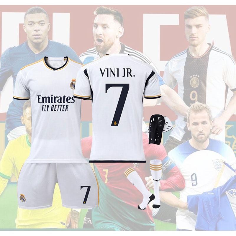 Real Madryt Domowy 7 Vini.jr Zestaw Koszulki Piłkarskiej Dla Dzieci i Dorosłych Tkanina Poliestrowa Koszulka Spodnie Skarpety i Sprzęt Ochronny w Zestawie