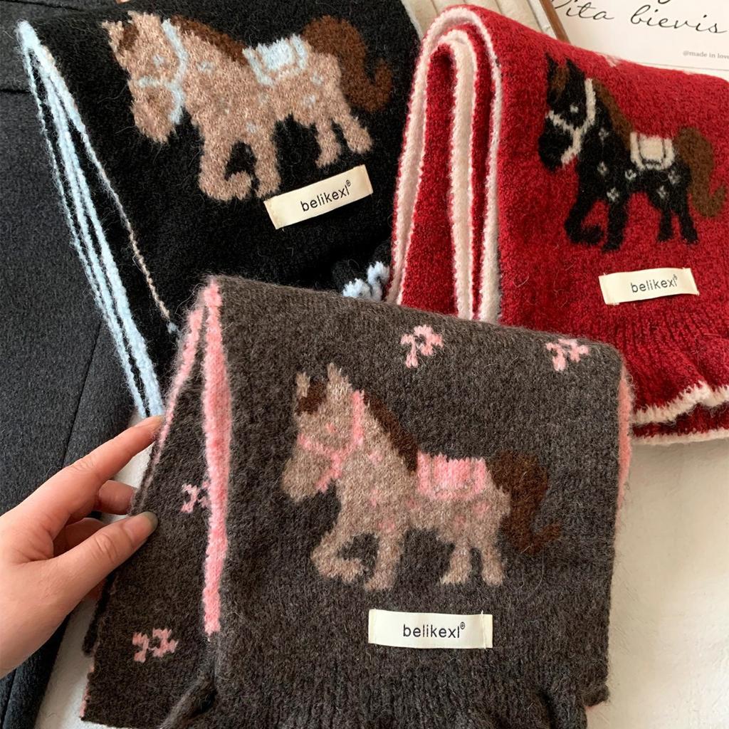 Red pony double-sided knitted scarf women's winter New Year atmosphere versatile thickened warm and cold neck scarf