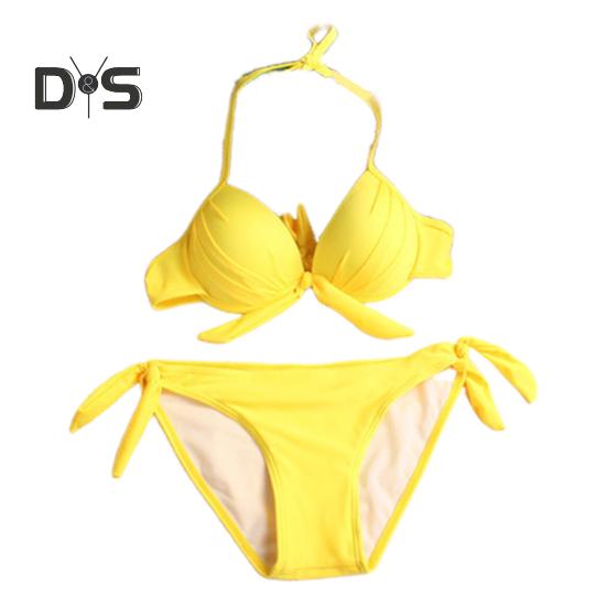 

2 шт./компл. сексуальный комплект бикини с лямкой на шее, пуш-ап, однотонный бюстгальтер с высокой талией, трусы для плавания, комплект, украшение с бантом, пляжная одежда S жёлтый