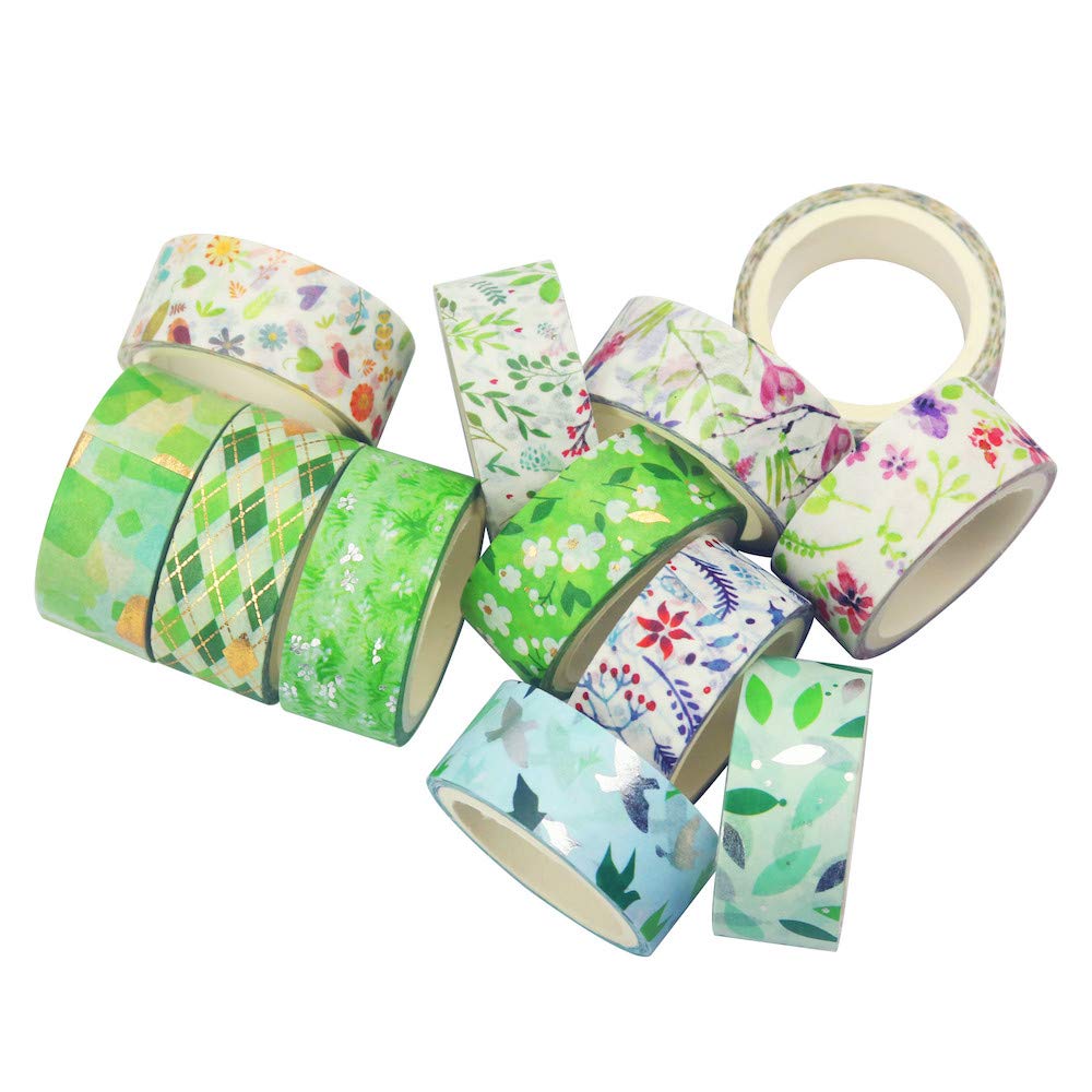 Yubbaex Natural Law Masking Gold Foil Cute 15mm Wide X 12 Rolls Leaves Flying X 12 Tape, Stamp, Design, (Willow Rolls)