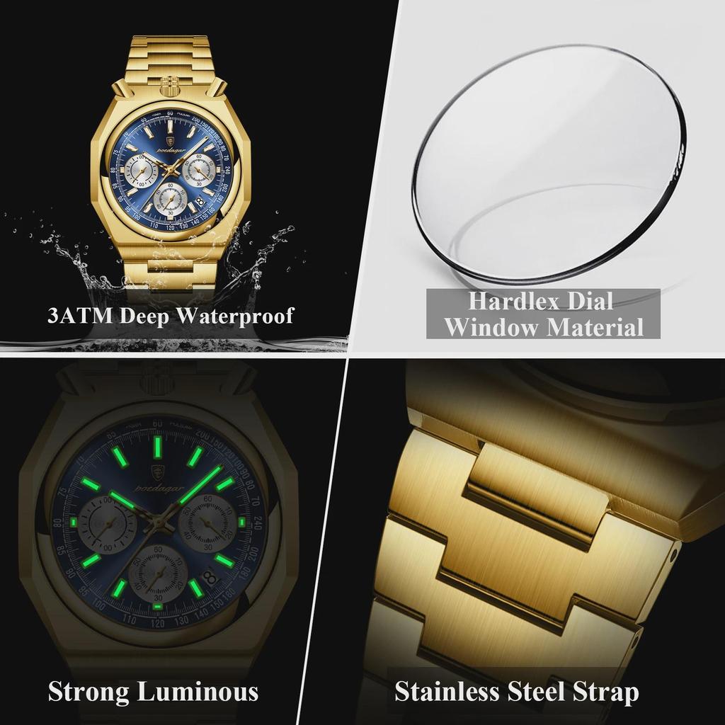 POEDAGAR Luxury Men's Watches Waterproof Stainless Steel Luminous Men Watch Date Chronograph Quartz Male Wristwatch
