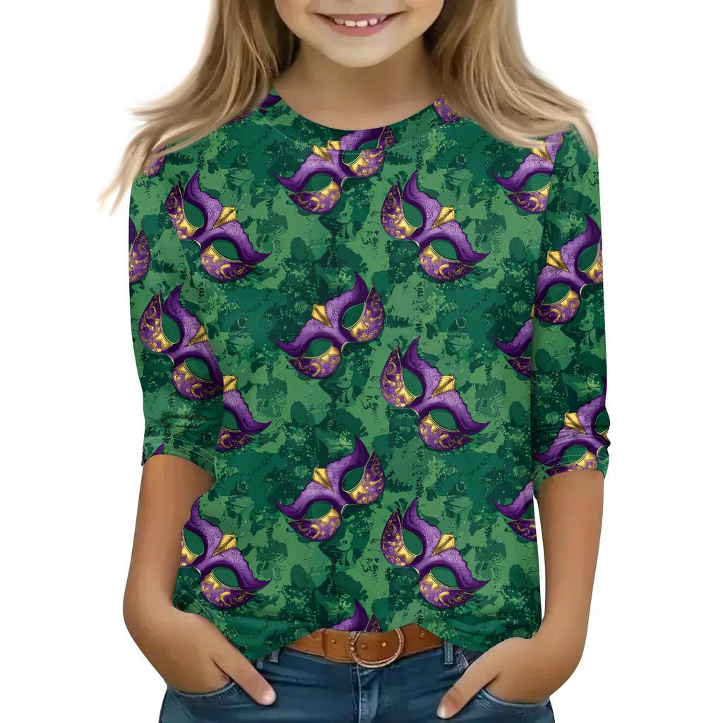Print Tops For Youth Girls Round Neck 3/4 Sleeves T-Shirts Trendy Tops Outfit Tees